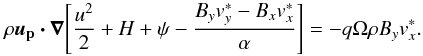 \begin{equation} \label{eq:Bernoulli}\rho\bm{u_{\rm p}\cdot }\bm{\nabla} \Bigg[\frac{u^2}{2}+H+\psi-\frac{B_y v_y^*-B_x v_x^*}{\alpha}\Bigg]=-q\Omega \rho B_y v_x^*. \end{equation}