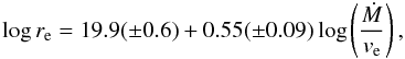 \begin{equation} \label{size_eq} \log r_{\mathrm{e}} = 19.9 (\pm0.6) + 0.55 (\pm0.09) \log \left( \frac{\dot{M}}{v_{\mathrm{e}}} \right), \end{equation}