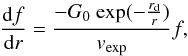 \begin{equation} \frac{\mathrm{d} f}{\mathrm{d} r} = \frac{-G_{0} ~ \mathrm{exp}(-\frac{r_{\mathrm{d}}}{r}) }{v_{\mathrm{exp}}}f, \label{photo} \end{equation}