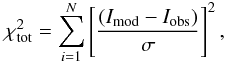 \begin{equation} \label{chi2_sum} \chi^2_{\mathrm{tot}} = \sum^N_{i=1} \left [ \frac{(I_{\mathrm{mod}}-I_{\mathrm{obs}})}{\sigma}\right ]^2, \end{equation}