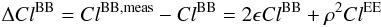\begin{equation} \Delta Cl^{\rm BB}=Cl^{{\rm BB}, {\rm meas}}-Cl^{\rm BB}=2\epsilon Cl^{\rm BB}+\rho^2 Cl^{\rm EE} \label{eq:eq49} \end{equation}