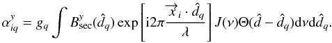 \begin{equation} \alpha_{iq}^{y}=g_q \int B^y_{\rm sec}(\hat{d}_q)\exp \left[ {\rm i} 2\pi\frac{\overrightarrow{x}_i\cdot \hat{d}_q}{\lambda} \right ]J(\nu)\Theta(\hat{d}-\hat{d}_q){\rm d}\nu {\rm d}\hat{d}_q . \end{equation}