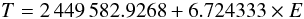 \begin{equation} T = 2\,449\,582.9268 + 6.724333 \times E \end{equation}