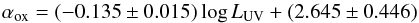 \begin{equation} \alpha_{\rm ox}=(-0.135\pm0.015)\log L_{\rm UV}+(2.645\pm0.446) \end{equation}
