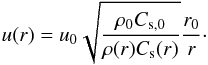 \begin{equation} u(r) = u_0 \sqrt{\frac{\rho_0 C_{\rm s,0}}{\rho(r) C_{\rm s}(r)}}\frac{r_0}{r}\cdot \label{Ampli_U_Sph} \end{equation}