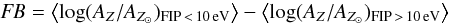 \begin{equation} {\it FB} = \left< \log(A_Z/A_{Z_\odot})_{\rm FIP\,<\,10\,eV} \right> - \left< \log(A_Z/A_{Z_\odot})_{\rm FIP\,>\,10\,eV} \right> \label{eq:FB} \end{equation}