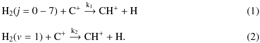 \begin{eqnarray} && \mathrm{H_2({\it j} = 0-7) + C^+ \xrightarrow{k_1} CH^+ + H} \label{chp_form_1} \\[2mm] && \mathrm{H_2 ({\it v}=1) + C^+ \xrightarrow{k_2} CH^+ + H.} \end{eqnarray}