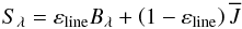 \begin{equation} S_\lambda = \varepsilon_{\rm line} B_\lambda + \left(1 - \varepsilon_{\rm line}\right) \overline{J} \end{equation}