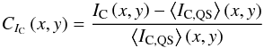 \begin{equation} \cicn\left(x,y\right)=\frac{\icn\left(x,y\right)-\mqsicn(x,y)}{\mqsicn\left(x,y\right)} \label{intensity_contrast} \end{equation}