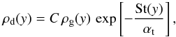 \begin{equation} \rhodust(y) = C \, \rhogas(y) \, \exp\left[ -\frac{\St(y)}{\alphat}\right], \label{eq:rhodust_analytical} \end{equation}
