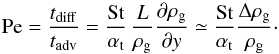 \begin{equation} \mathrm{Pe} = \frac{t_\mathrm{diff}}{t_\mathrm{adv}} = \frac{\St}{\alphat}\,\frac{L}{\rhogas}\frac{\partial\rhogas}{\partial{y}} \simeq \frac{\St}{\alphat}\frac{\Delta\rhogas}{\rhogas}\cdot \label{eq:peclet} \end{equation}