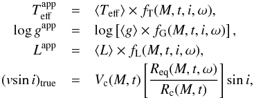 \begin{eqnarray} \label{eq11} T_{\rm eff}^{\rm app} & = & \langle T_{\rm eff}\rangle\times f_{\rm T}(M,t,i,\omega), \nonumber \\ \log g^{\rm app} & = & \log \left[\langle g\rangle\times f_{\rm G}(M,t,i,\omega)\right], \nonumber\\ L^{\rm app} & = & \langle L\rangle\times f_{\rm L}(M,t,i,\omega), \nonumber \\ (v\!\sin i)_{\rm true} & = & V_{\rm c}(M,t)\left[\frac{R_{\rm eq}(M,t,\omega)}{R_{\rm c}(M,t)}\right]\sin i , \end{eqnarray}
