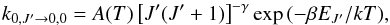 \begin{equation} \label{eq_esc_cp2} k_{{0,J'}\rightarrow{0,0}}=A(T)\left[J'(J'+1)\right]^{-\gamma}\exp{(-\beta E_{J'}/kT)}, \end{equation}