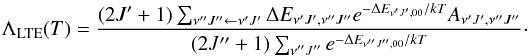 \begin{equation} \Lambda_{\rm LTE} (T)=\frac{(2J'+1)\sum_{\nu''J''\leftarrow \nu'J'}\Delta E_{\nu'J',\nu''J''} e^{-\Delta E_{\nu'J',00}/kT} A_{\nu'J',\nu''J''}}{(2J''+1)\sum_{\nu''J''}e^{-\Delta E_{\nu''J'',00}/kT}}\cdot \end{equation}