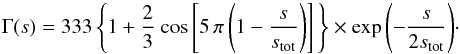 \begin{equation} \label{eqn_gp_complex} \Gamma(s)=333 \left\lbrace 1+\frac{2}{3} \ {\rm cos}\left[5\,\pi \left( 1-{s\over s_{\rm tot}}\right)\right]\,\right\rbrace\times \exp{\left(-{s\over 2 s_{\rm tot}}\right)} \cdot \end{equation}