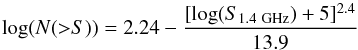 \begin{equation} \label{eqn:nofs} {\rm log}(N({>}S)) = 2.24 - {[{\rm log}(S_{1.4~{\rm GHz}})+5]^{2.4}\over 13.9} \end{equation}