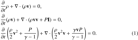 \begin{eqnarray} \label{hd} &&\frac{\partial}{\partial t}\rho+\nabla\cdot(\rho{\vec v})=0, \nonumber\\ &&\frac{\partial}{\partial t}(\rho{\vec v})+\nabla\cdot(\rho{\vec v}{\vec v}+P{\vec I})=0, \nonumber\\ &&\frac{\partial}{\partial t}\left(\frac{\rho}{2}{\vec v}^2+\frac{P}{\gamma-1}\right)+\nabla\cdot\left(\frac{\rho}{2}{\vec v}^2{\vec v}+ \frac{\gamma{\vec v}P}{\gamma-1}\right)=0. \end{eqnarray}
