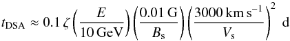 \begin{equation} {t}_\mathrm{DSA} \approx 0.1 \, \zeta \left( \frac{E}{10\, \mathrm{GeV}}\right)\left(\frac{0.01\, \mathrm{G}}{B_{\mathrm{s}}}\right)\left(\frac{3000\, \mathrm{km\, s}^{-1}}{V_{\mathrm{s}}}\right)^2 ~\mathrm{d} \end{equation}