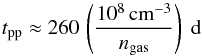 \begin{equation} {t}_\mathrm{pp} \approx 260 \, \left(\frac{10^8 \, \mathrm{cm}^{-3}}{n_{\mathrm{gas}}}\right) ~\mathrm{d} \end{equation}