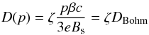 \begin{eqnarray} \label{eq_diff} D(p) = \zeta \frac{p \beta c}{3 e B_{\mathrm{s}}} = \zeta D_{\mathrm{Bohm}} \end{eqnarray}