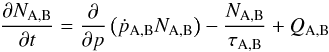 \begin{eqnarray} \label{eq_evol} \frac{\partial N_{\rm A,B}}{\partial t} = \frac{\partial}{\partial p} \left( \dot{p}_{\rm A,B} N_{\rm A,B} \right) - \frac{N_{\rm A,B}}{\tau_{\rm A,B}} + Q_{\rm A,B} \end{eqnarray}