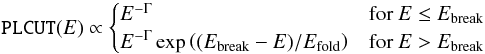 \begin{equation} \label{eq:plcut} \texttt{PLCUT}(E) \propto \begin{cases} E^{-\Gamma} & \mbox{for }E\le E_{\rm break} \\ E^{-\Gamma} \exp\left((E_{\rm break}-E)/\Efold\right) & \mbox{for }E>E_{\rm break} \end{cases} \end{equation}