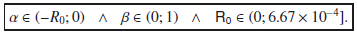 \hbox{$\\alpha \in (-R_0 ;0)\:\:\:\wedge\:\:\:\beta \in (0 ;1)\:\:\:\wedge\:\:\:\mathsf{R_0} \in (0 ;6.67\times 10^{-4}].$}