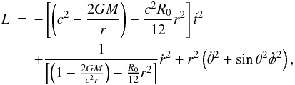 \begin{eqnarray} \label{lagr-sc} L & = & - \left[\left(c^{2}-\frac{2GM}{r}\right)-\frac{c^{2}R_{{0}}}{12}r^{2}\right] \dot{t}^{2}\\ \nonumber & &+ \frac{1}{\left[\left(1-\frac{2GM}{c^{2}r}\right)-\frac{R_{{0}}}{12}r^{2}\right]} \dot{r}^{2} +r^{2}\left(\dot{\theta}^{2}+{\sin \theta}^{2} \dot{\phi}^{2}\right), \end{eqnarray}