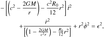 \begin{eqnarray} \label{er} &&- \left[\left(c^{2}-\frac{2GM}{r}\right)-\frac{c^{2}R_{{0}}}{12}r^{2}\right] \dot{t}^{2}\nonumber\\ &&\qquad\quad + \frac{\dot{r}^{2}}{\left[\left(1-\frac{2GM}{c^{2}r}\right)-\frac{R_{{0}}}{12}r^{2}\right]} + r^{2} \dot{\phi}^{2} = \epsilon^{2}, \end{eqnarray}