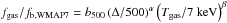 \hbox{$f_{\rm gas}/f_{\rm b, WMAP7} = b_{500} \left(\Delta/500\right)^\alpha \left(T_{\rm gas}/7\mbox{ keV}\right)^\beta$}