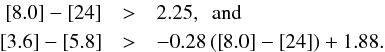 \begin{eqnarray*} \left [8.0 \right ] - \left [24 \right ] & > & 2.25, \,\,\, {\rm and} \\ \left [3.6 \right ] - \left [5.8 \right ] & > & -0.28 \, (\left [8.0 \right ] - \left [24 \right ]) + 1.88. \end{eqnarray*}