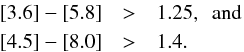 \begin{eqnarray*} \left [3.6 \right ] - \left [5.8 \right ] & > & 1.25, \,\,\, {\rm and} \\ \left [4.5 \right ] - \left [8.0 \right ] & > & 1.4. \end{eqnarray*}