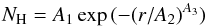\begin{equation} N_{\rm H}=A_1 \exp\, (-(r/A_2)^{A_3}) \label{ed:distrdens} \end{equation}