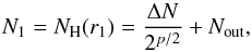 \begin{equation} \label{eq-dens1} N_1 = N_{\rm H}(r_1) = \frac{\Delta N}{2^{p/2}} + N_{\rm out}, \end{equation}
