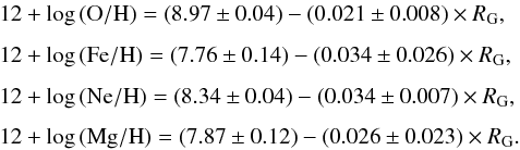 \begin{eqnarray} {} && 12 + \log\,({\rm O/H}) = (8.97 \pm 0.04) - (0.021 \pm 0.008) \times R_{\rm G}, \nonumber \\[1.5mm] && 12 + \log\,({\rm Fe/H}) = (7.76 \pm 0.14) - (0.034 \pm 0.026) \times R_{\rm G}, \nonumber \\[1.5mm] && 12 + \log\,({\rm Ne/H}) = (8.34 \pm 0.04) - (0.034 \pm 0.007) \times R_{\rm G}, \nonumber \\[1.5mm] && 12 + \log\,({\rm Mg/H}) = (7.87 \pm 0.12) - (0.026 \pm 0.023) \times R_{\rm G}. \nonumber \end{eqnarray}