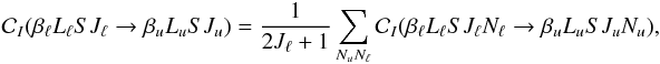 \begin{equation} \mathcal{C}_I(\beta_{\ell} L_{\ell} S J_{\ell} \rightarrow \beta_u L_u S J_u) = \frac{1}{2J_{\ell} +1} \sum_{N_u N_{\ell}} \mathcal{C}_I(\beta_{\ell} L_{\ell} S J_{\ell} N_{\ell} \rightarrow \beta_u L_u S J_u N_u), \end{equation}