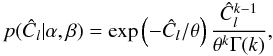 \begin{equation} \label{pgamma} p(\hat C_l|\alpha,\beta) = \exp\lp -\hat C_l / \theta\rp\frac{ \hat C_l^{k-1}}{\theta^k \Gamma(k)}, \end{equation}