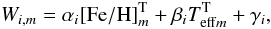 \appendix \setcounter{section}{1} \begin{equation} W_{i,m} = \alpha_{i}[{\rm Fe/H}]_{m}^{\rm T} + \beta_{i}T_{{\rm eff} m}^{\rm T} + \gamma_{i}, \label{first} \end{equation}