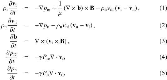 \begin{eqnarray} \label{eq:momlinion} \rho_{\rm i} \frac{\partial {\vec v}_{\rm i}}{\partial t} &=& - \nabla p_{\rm ie} + \frac{1}{\mu} \left( \nabla \times {\vec b} \right) \times {\vec B} - \rho_{\rm n} \nu_{\rm ni}\left( {\vec v}_{\rm i} - {\vec v}_{\rm n} \right), \\ \label{eq:momlinneu} \rho_{\rm n} \frac{\partial {\vec v}_{\rm n}}{\partial t} &=& - \nabla p_{\rm n} - \rho_{\rm n} \nu_{\rm ni} \left( {\vec v}_{\rm n} - {\vec v}_{\rm i} \right), \\ \label{eq:inductionlin} \frac{\partial {\vec b}}{\partial t} &=& \nabla \times \left( {\vec v}_{\rm i} \times {\vec B} \right), \\ \label{eq:presslinion} \frac{\partial p_{\rm ie}}{\partial t} &=& - \gamma P_{\rm ie} \nabla \cdot {\vec v}_{\rm i}, \\ \label{eq:presslin} \frac{\partial p_{\rm n}}{\partial t} &=& - \gamma P_{\rm n} \nabla \cdot {\vec v}_{\rm n}, \end{eqnarray}