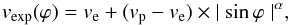 \begin{equation} v_{\rm exp}(\varphi) = v_{\rm e} + (v_{\rm p} - v_{\rm e}) \times {\mid{\sin \varphi}\mid}^{\alpha}, \end{equation}