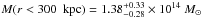\hbox{$M (r< 300~{\rm~kpc}) = 1.38_{-0.28}^{+0.33} \times 10 ^{14}~M_\odot$}