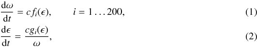 \begin{eqnarray} &&{{\rm d}\omega\over{\rm d} t} = c f_i(\epsilon),\qquad i = 1 \dots 200,\label{eq:domega}\\ &&{{\rm d}\epsilon\over{\rm d} t}= {c g_i(\epsilon)\over\omega},\label{eq:depsil} \end{eqnarray}