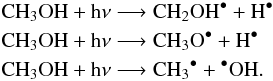 \begin{eqnarray*} &&\rm {CH_3OH} + h \nu \longrightarrow {CH_2OH}^\bullet + H^\bullet\\ &&\rm {CH_3OH} + h \nu \longrightarrow {CH_3O}^\bullet + H^\bullet\\ &&\rm {CH_3OH} + h \nu \longrightarrow {CH_3}^\bullet + {}^\bullet OH. \end{eqnarray*}