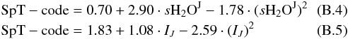 \appendix \setcounter{section}{2} \begin{eqnarray} &&{\rm SpT-code} = 0.70 + 2.90 \cdot s{\rm H_2O}^{\rm J} -1.78 \cdot (s{\rm H_2O}^{\rm J})^2\\ &&{\rm SpT-code} = 1.83 + 1.08 \cdot I_J - 2.59 \cdot (I_J)^2 \end{eqnarray}