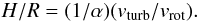 \begin{equation} \label{eq:HtoR} {\it H/R} = (1/\alpha) (v_{\rm turb}/v_{\rm rot}). \end{equation}