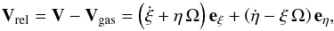 \begin{equation} \vec{V}_{\rm rel}= \vec{V}-\vec{V}_{\rm gas}=\left(\dot {\xi }+ \eta \,\Omega \right)\vec{e_{\xi }} + \left(\dot {\eta } - \xi \,\Omega \right)\vec{e_{\eta }}, \end{equation}