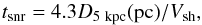 \begin{equation} t_{\rm snr} = 4.3 D_{\rm 5~kpc} ({\rm pc)}/ V_{\rm sh} , \end{equation}
