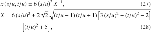 \begin{eqnarray} &&x\left(s/u,t/u\right)\equiv 6\left(s/u\right)^2{X}^{-1} ,\\ &&X=6 \left(s/u\right)^2\pm 2 \sqrt{2} \sqrt{\left(t/u-1\right) \left(t/u+1\right) \left[3 \left(s/u\right)^2-\left(t/u\right)^2-2 \right]}\nonumber\\ &&\hspace*{10mm}- \left[\left(t/u\right)^2+5\right] , \end{eqnarray}