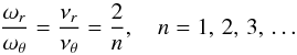 \begin{equation} \label{Equation6} {\frac{\omega_{r}} {\omega_{\theta}}} = {\frac{\nu_{r}} {\nu_{\theta}}} = {\frac{2} {n}}, ~~~~n =1, \,2, \,3,\,\dots \end{equation}