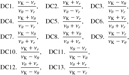 \appendix \setcounter{section}{3} \begin{eqnarray*} &&{\rm DC1.}~~ \displaystyle \frac{\nu_{\mathrm{K}}-\nu_{r}}{\nu_{\theta}-\nu_{r}},\quad {\rm DC2.}~~ \displaystyle \frac{\nu_{\mathrm{K}}+\nu_{r}}{\nu_{\theta}-\nu_{r}},\quad {\rm DC3.}~~ \displaystyle \frac{\nu_{\mathrm{K}}-\nu_{\theta}}{\nu_{\theta}-\nu_{r}}, \\ &&{\rm DC4.}~~ \displaystyle \frac{\nu_{\mathrm{K}}+\nu_{\theta}}{\nu_{\theta}-\nu_{r}},\quad {\rm DC5.}~~ \displaystyle \frac{\nu_{\mathrm{K}}-\nu_{r}}{\nu_{\theta}+\nu_{r}},\quad {\rm DC6.}~~ \displaystyle \frac{\nu_{\mathrm{K}}+\nu_{r}}{\nu_{\theta}+\nu_{r}}, \\ &&{\rm DC7.}~~ \displaystyle \frac{\nu_{\mathrm{K}}-\nu_{\theta}}{\nu_{\theta}+\nu_{r}},\quad {\rm DC8.}~~ \displaystyle \frac{\nu_{\mathrm{K}}+\nu_{\theta}}{\nu_{\theta}+\nu_{r}},\quad {\rm DC9.}~~ \displaystyle \frac{\nu_{\mathrm{K}}-\nu_{r}}{\nu_{\mathrm{K}}-\nu_{\theta}}, \\ &&{\rm DC10.}~~ \displaystyle \frac{\nu_{\mathrm{K}}+\nu_{r}}{\nu_{\mathrm{K}}-\nu_{\theta}},\quad {\rm DC11.}~~ \displaystyle \frac{\nu_{\theta}-\nu_{r}}{\nu_{\mathrm{K}}-\nu_{\theta}}, \\ &&{\rm DC12.}~~ \displaystyle \frac{\nu_{\theta}+\nu_{r}}{\nu_{\mathrm{K}}-\nu_{\theta}},\quad {\rm DC13.}~~ \displaystyle \frac{\nu_{\theta}+\nu_{r}}{\nu_{\mathrm{K}}-\nu_{r}}\cdot \end{eqnarray*}